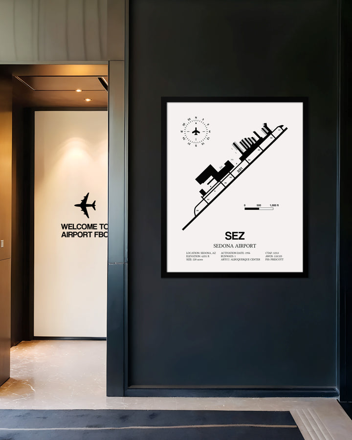 Framed Detailed Airport Map of Sedona Airport (SEZ) in White with a Black Frame