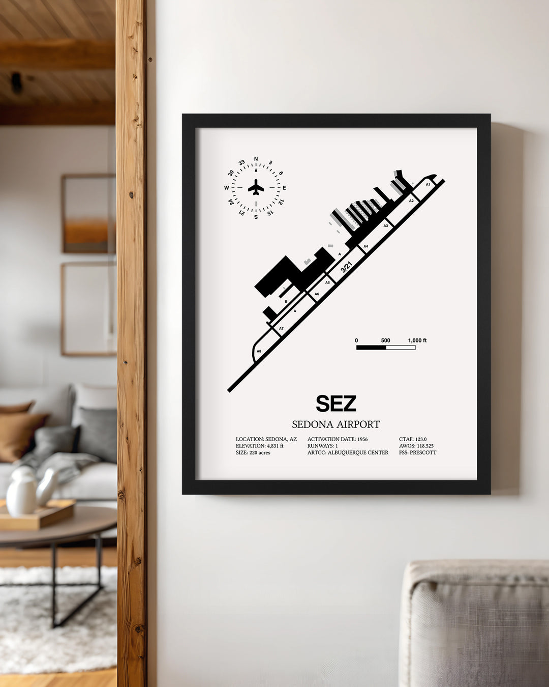 Framed Detailed Airport Map of Sedona Airport (SEZ) in White with a Black Frame