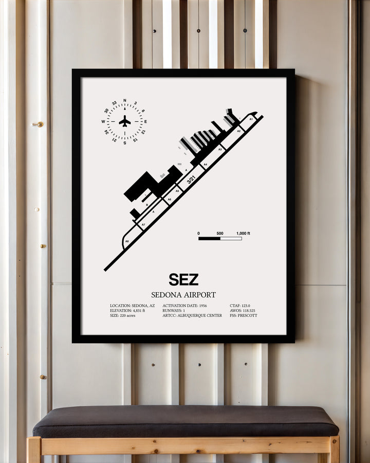 Framed Detailed Airport Map of Sedona Airport (SEZ) in White with a Black Frame