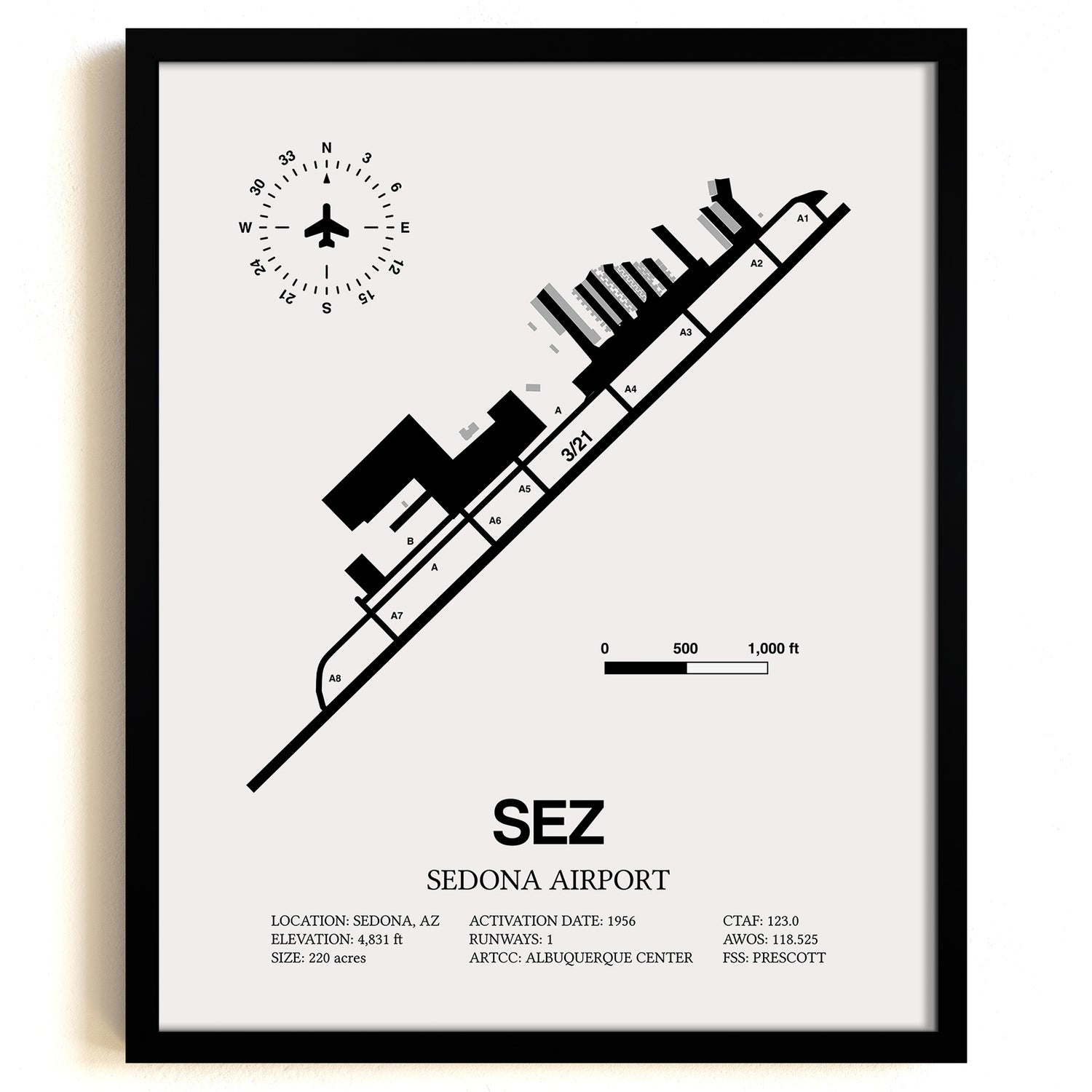 Framed Detailed Airport Map of Sedona Airport (SEZ) in White with a Black Frame
