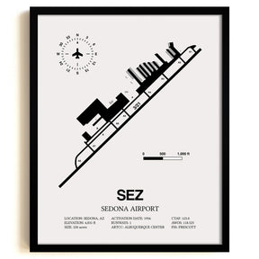 Framed Detailed Airport Map of Sedona Airport (SEZ) in White with a Black Frame
