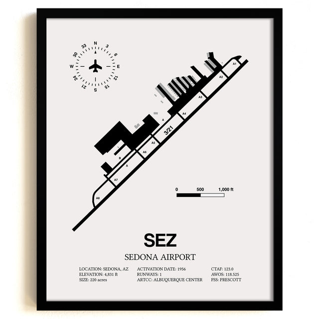 Framed Detailed Airport Map of Sedona Airport (SEZ) in White with a Black Frame
