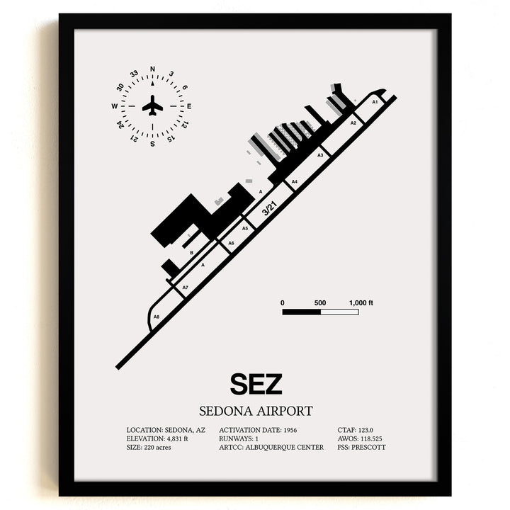 Framed Detailed Airport Map of Sedona Airport (SEZ) in White with a Black Frame