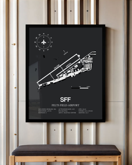 Framed Detailed Airport Map of Felts Field Airport (SFF) in Gray with a Black Frame