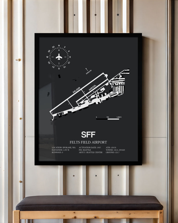Framed Detailed Airport Map of Felts Field Airport (SFF) in Gray with a Black Frame
