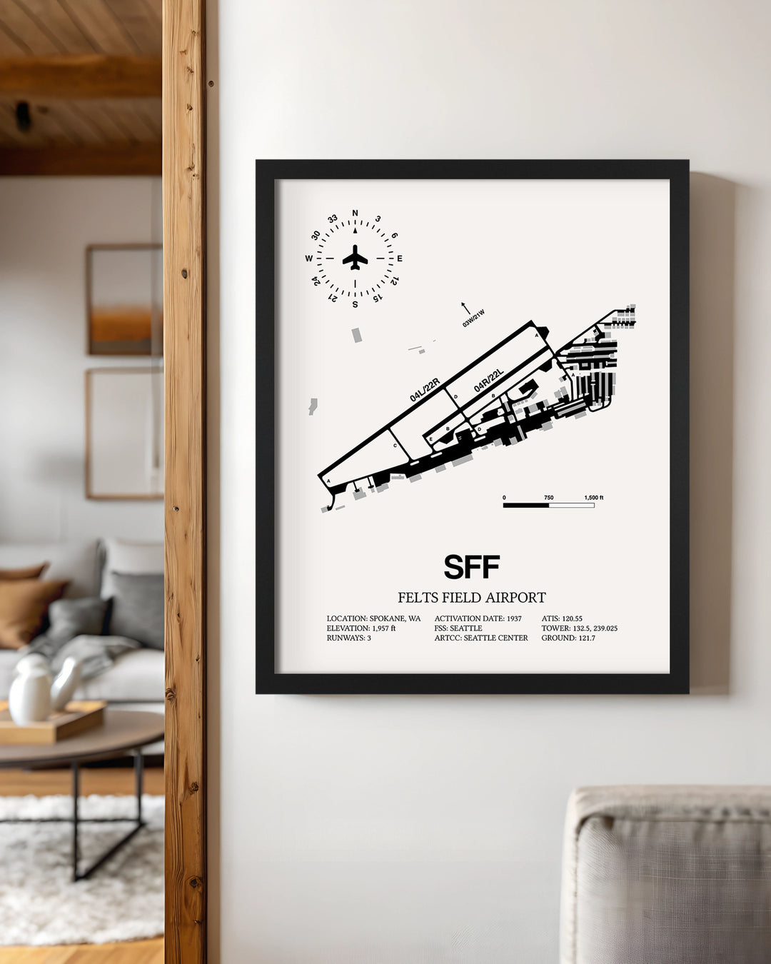 Framed Detailed Airport Map of Felts Field Airport (SFF) in White with a Black Frame