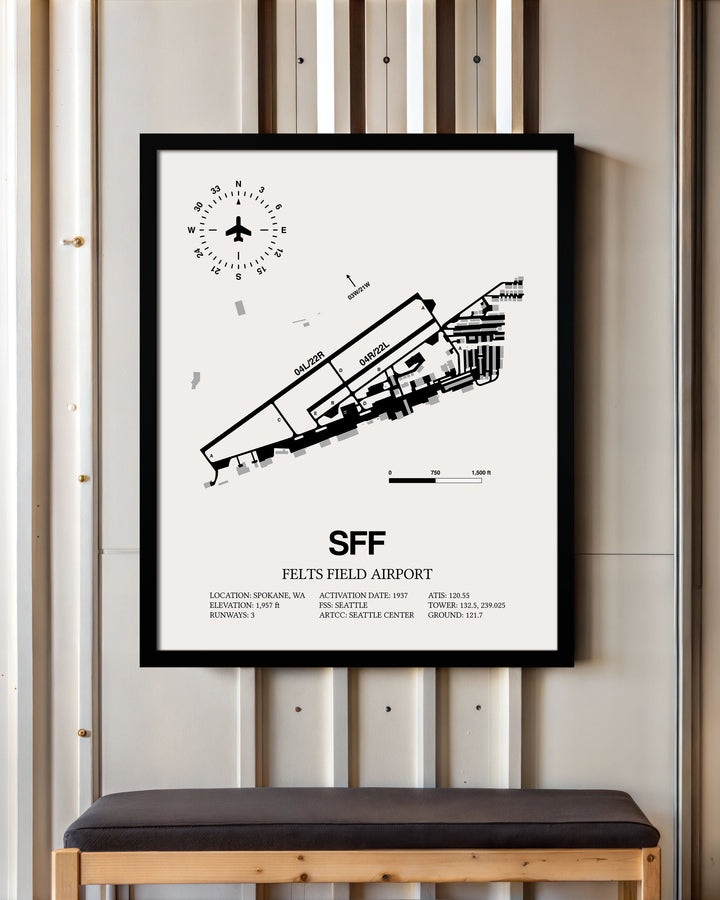 Framed Detailed Airport Map of Felts Field Airport (SFF) in White with a Black Frame