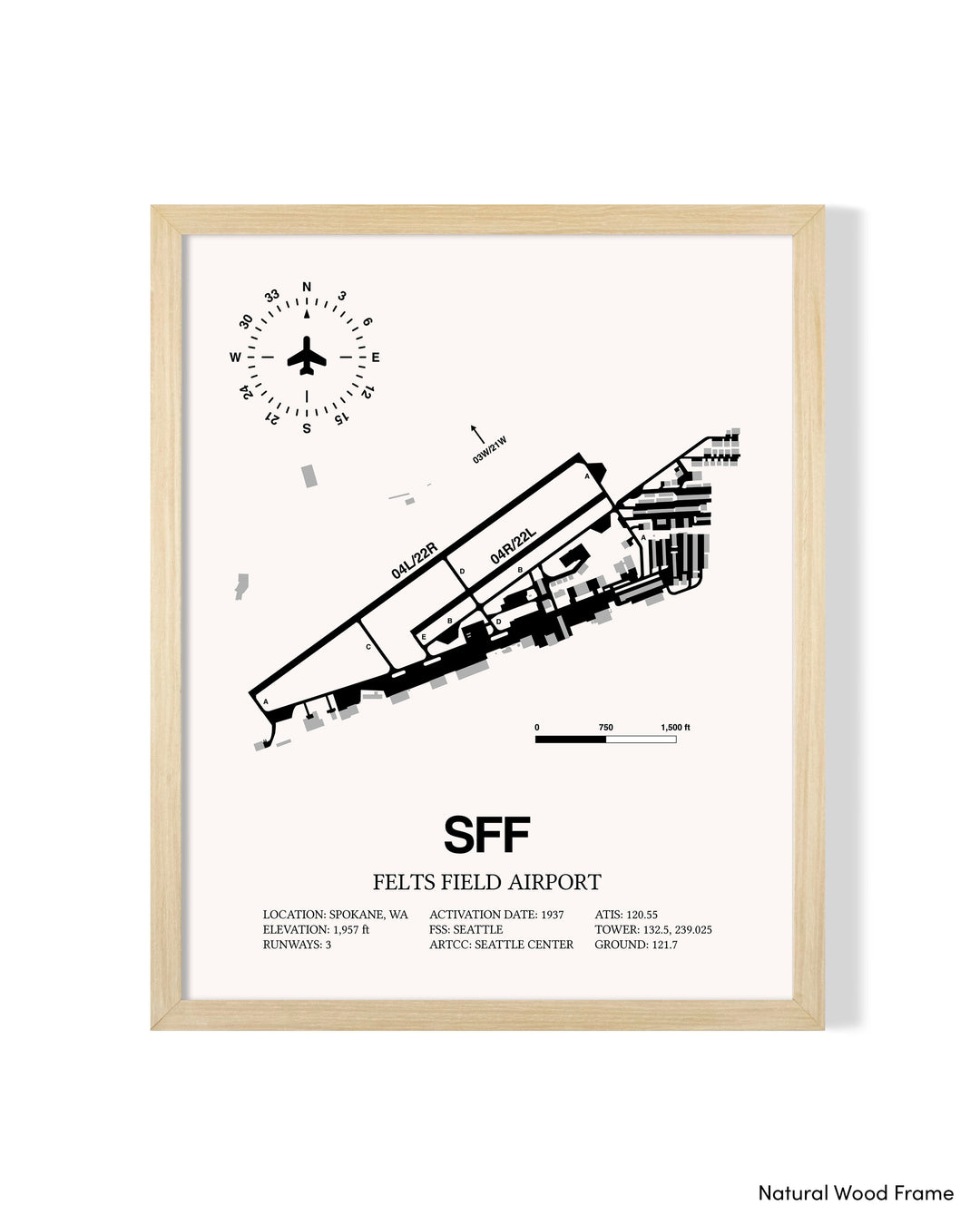Detailed Airport Map of Felts Field Airport (SFF) in White with a Natural Frame