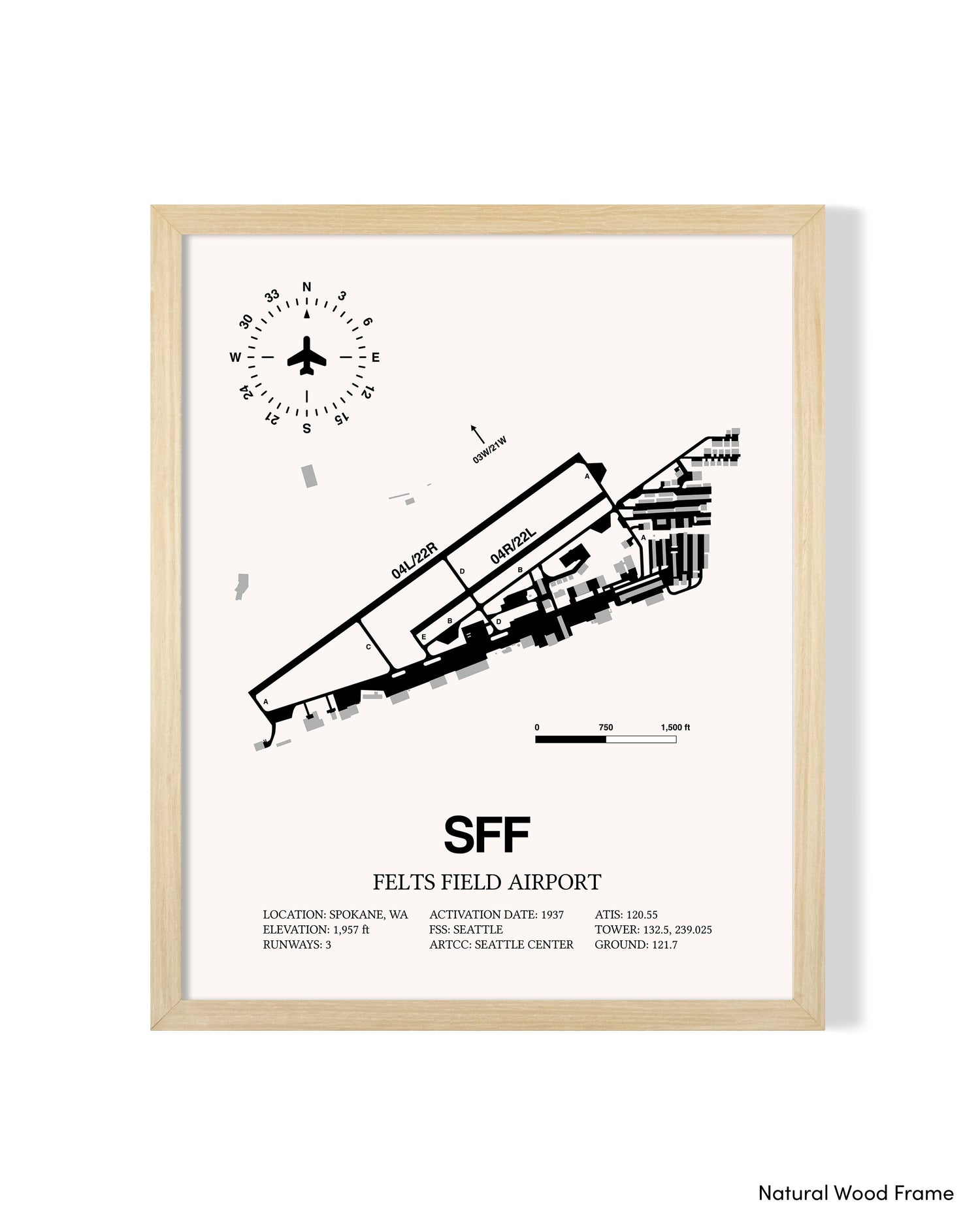 Detailed Airport Map of Felts Field Airport (SFF) in White with a Natural Frame
