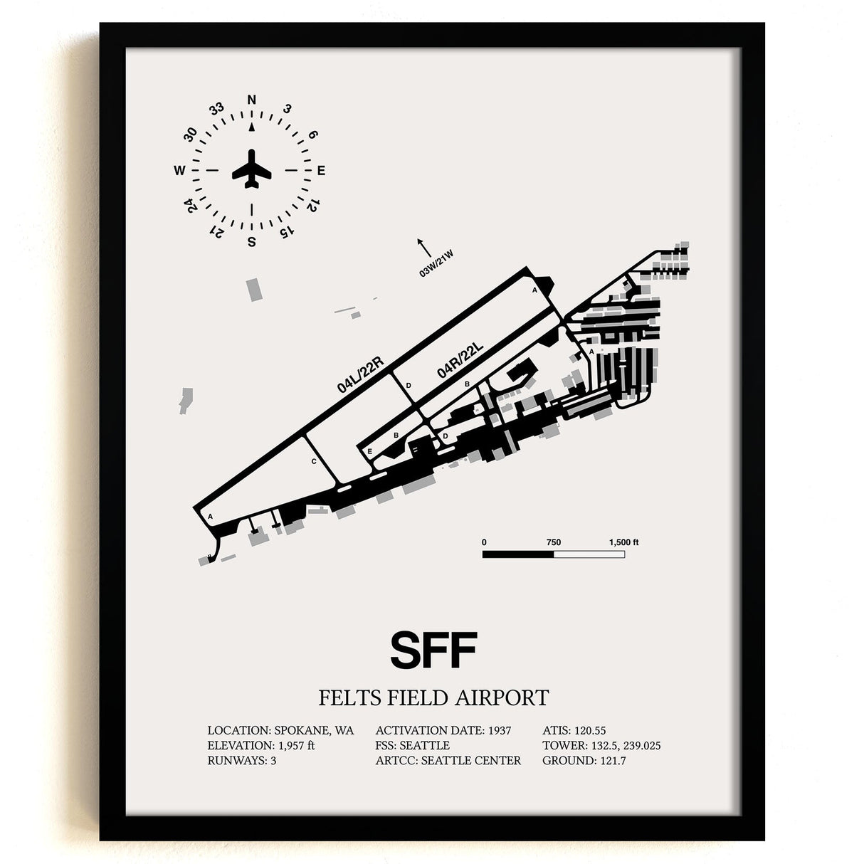 Framed Detailed Airport Map of Felts Field Airport (SFF) in White with a Black Frame