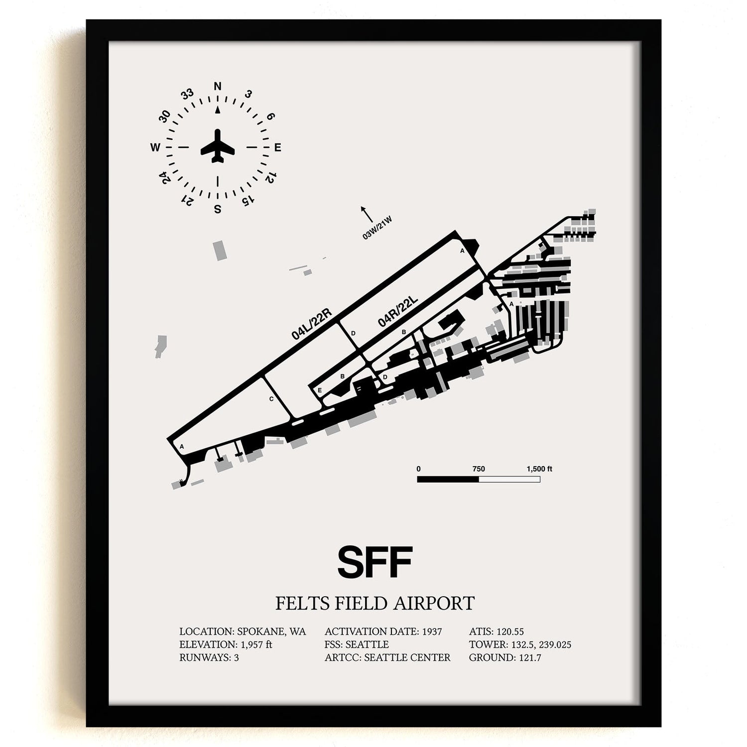Framed Detailed Airport Map of Felts Field Airport (SFF) in White with a Black Frame