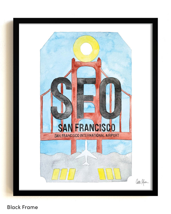 Framed Watercolor Print of San Francisco International Airport (SFO) with a Black Frame
