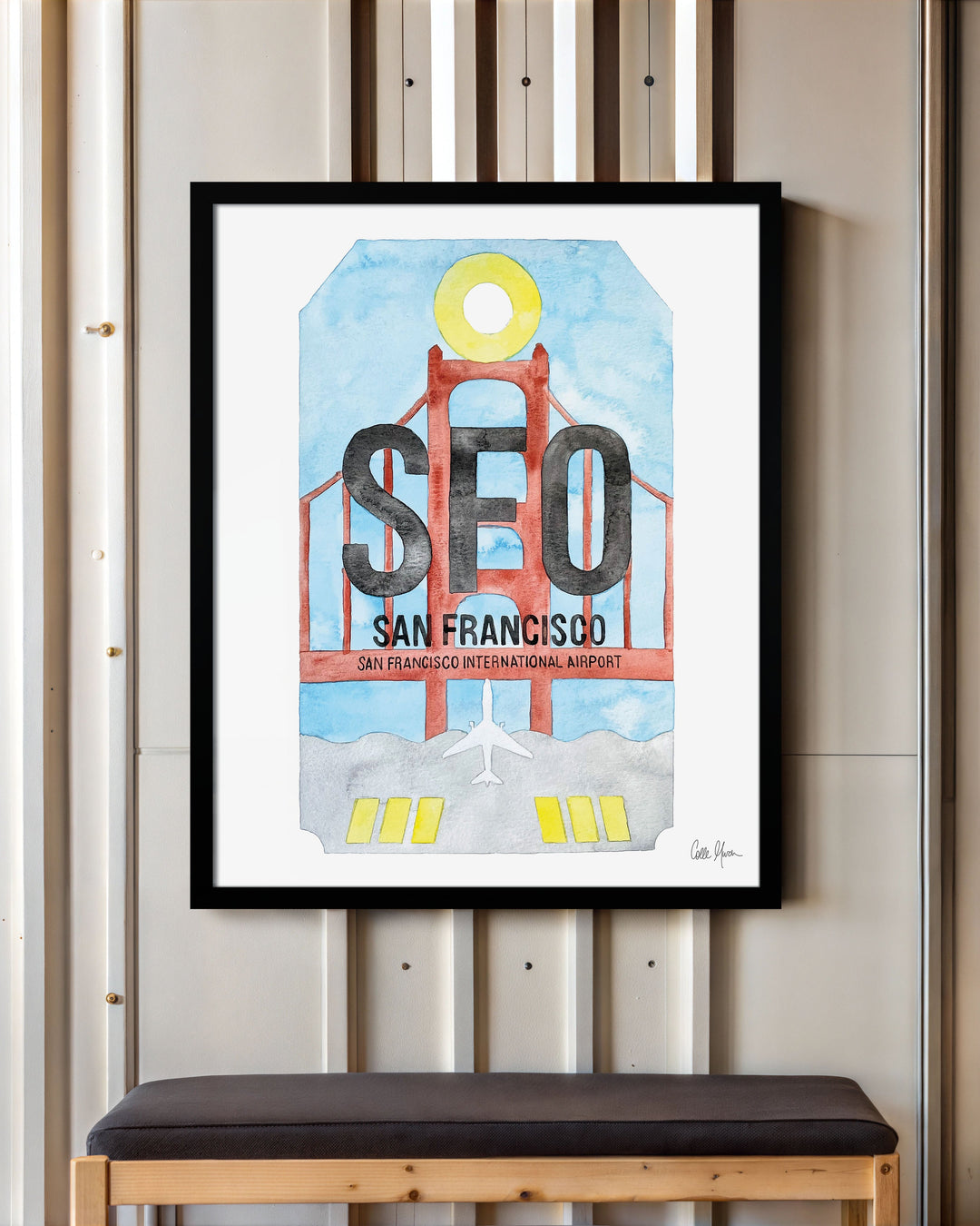 Framed Watercolor Print of San Francisco International Airport (SFO) with a Black Frame