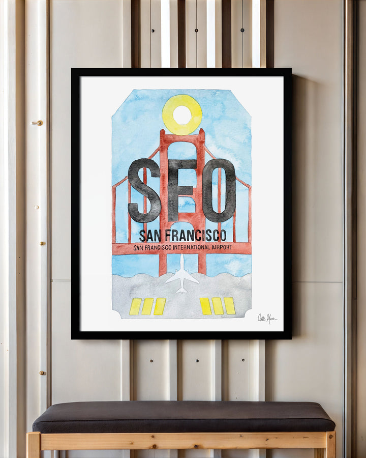 Framed Watercolor Print of San Francisco International Airport (SFO) with a Black Frame