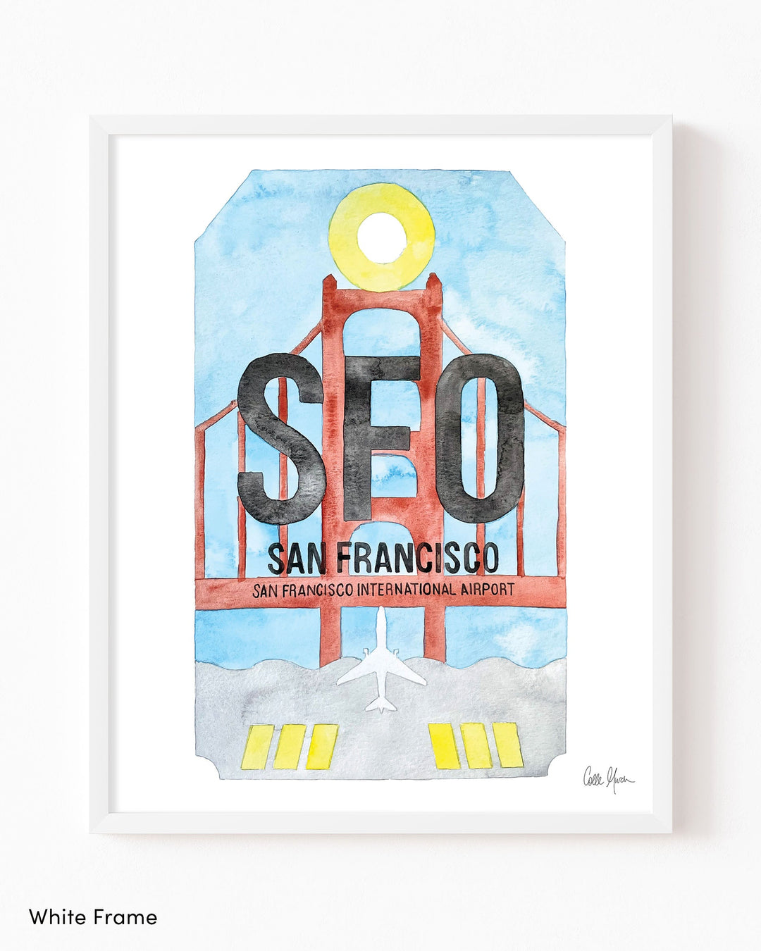 Framed Watercolor Print of San Francisco International Airport (SFO) with a White Frame