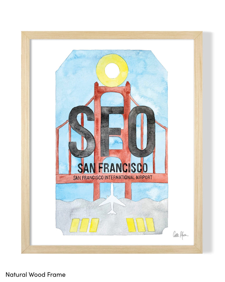 Framed Watercolor Print of San Francisco International Airport (SFO) with a Natural Wood Frame