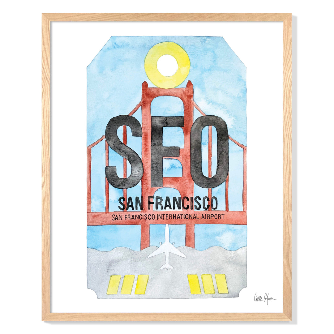 Framed Watercolor Print of San Francisco International Airport (SFO) with an Oak Frame