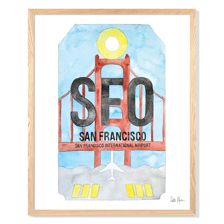 Framed Watercolor Print of San Francisco International Airport (SFO) with an Oak Frame