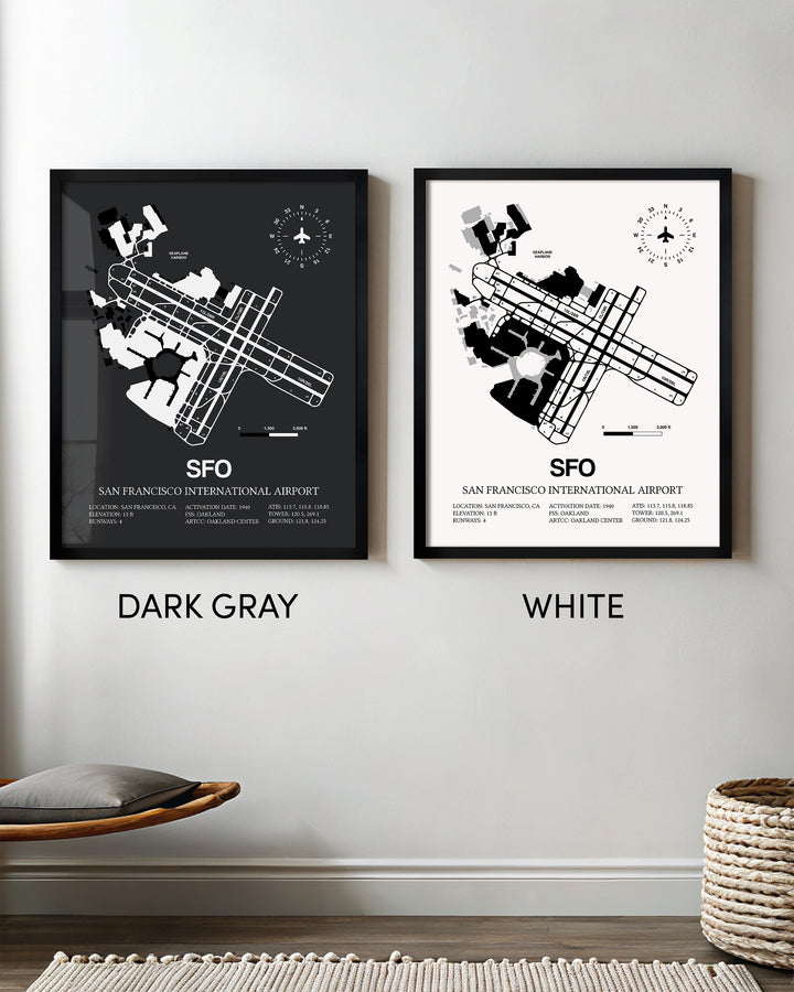 Framed Detailed Airport Map of San Francisco International Airport (SFO) in White and Gray
