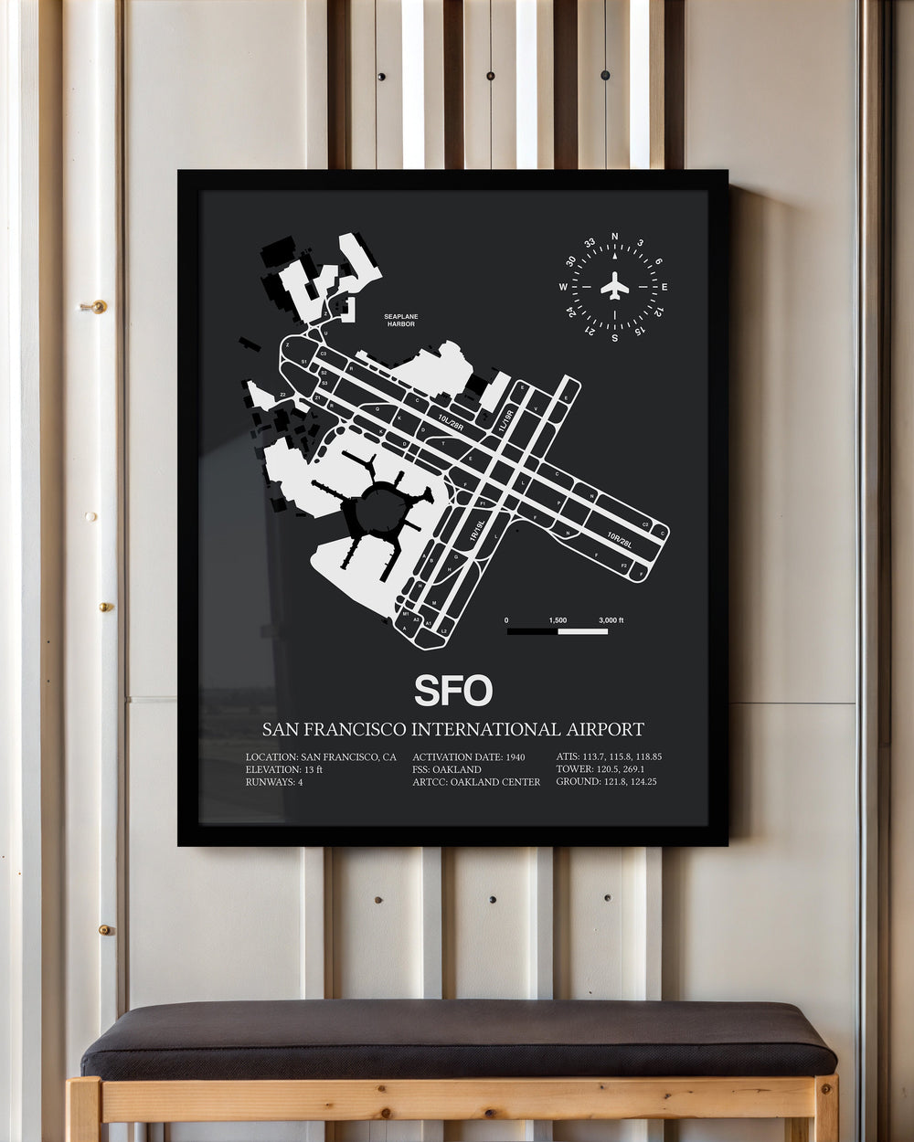 Framed Detailed Airport Map of San Francisco International Airport (SFO) in Gray with a Black Frame