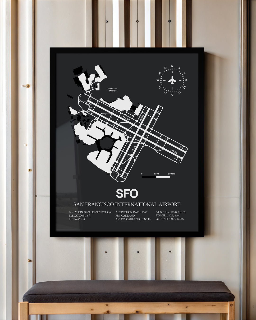Framed Detailed Airport Map of San Francisco International Airport (SFO) in Gray with a Black Frame