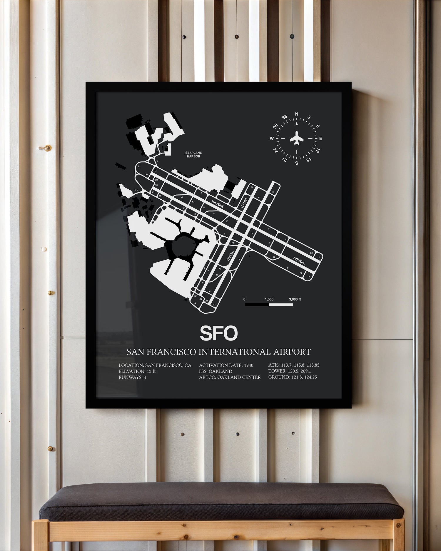 Framed Detailed Airport Map of San Francisco International Airport (SFO) in Gray with a Black Frame