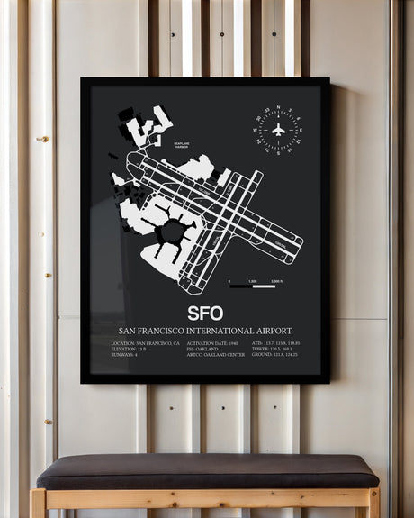 Framed Detailed Airport Map of San Francisco International Airport (SFO) in Gray with a Black Frame
