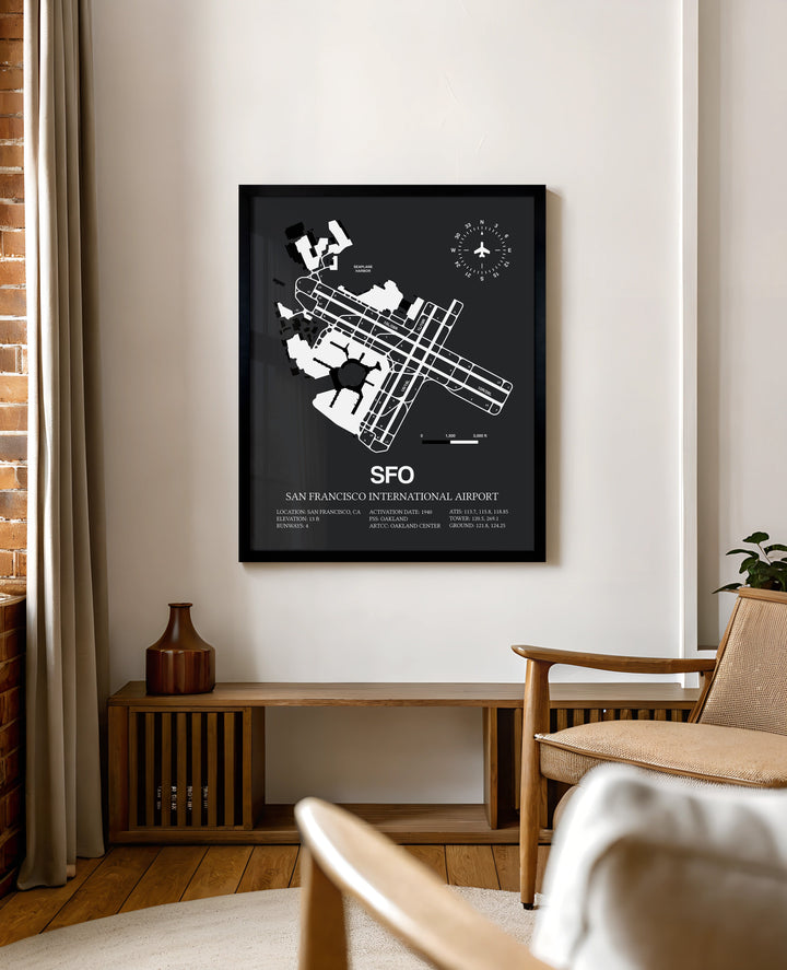 Framed Detailed Airport Map of San Francisco International Airport (SFO) in Gray with a Black Frame