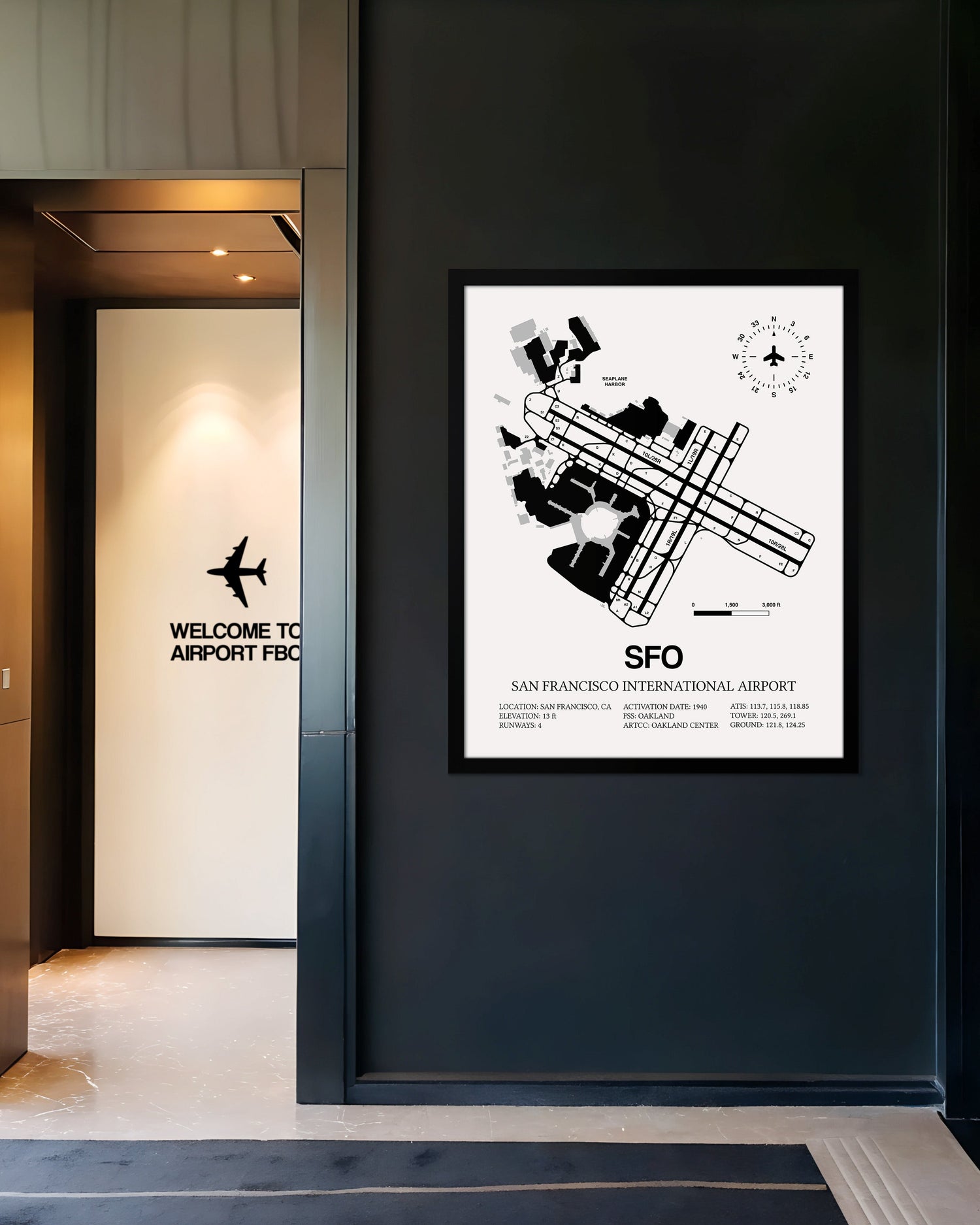 Framed Detailed Airport Map of San Francisco International Airport (SFO) in White with a Black Frame