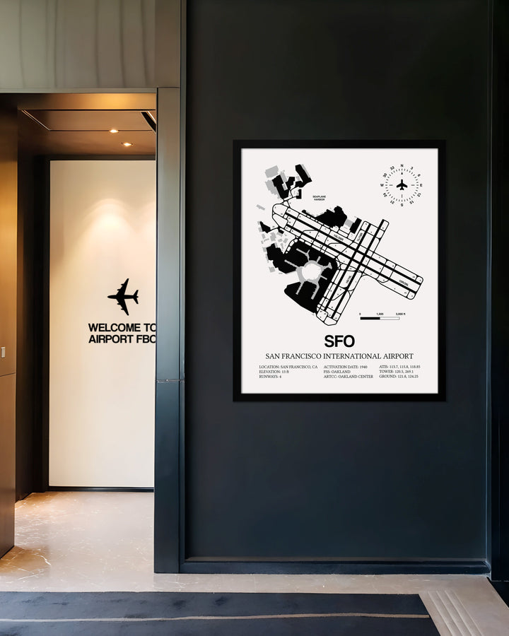 Framed Detailed Airport Map of San Francisco International Airport (SFO) in White with a Black Frame