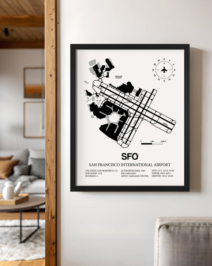 Framed Detailed Airport Map of San Francisco International Airport (SFO) in White with a Black Frame