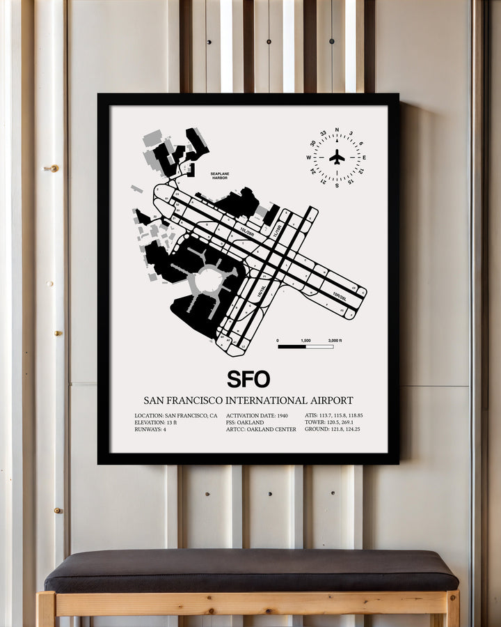 Framed Detailed Airport Map of San Francisco International Airport (SFO) in White with a Black Frame