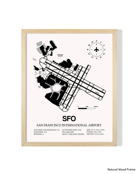 Detailed Airport Map of San Francisco International Airport (SFO) in White with a Natural Frame