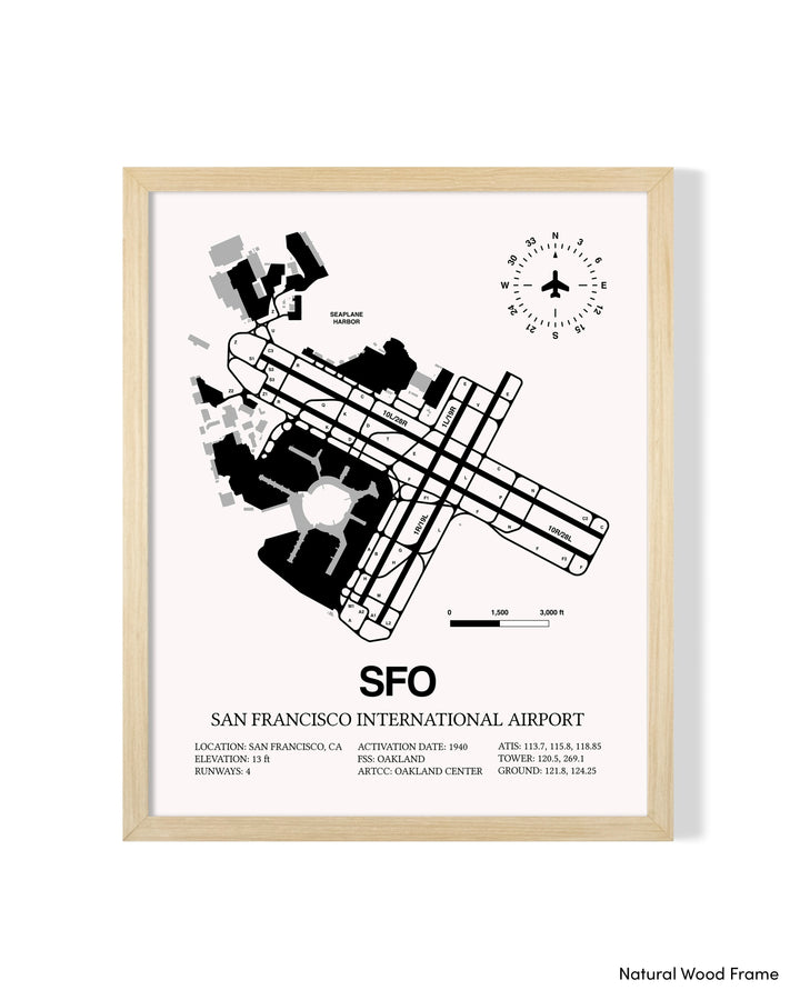Detailed Airport Map of San Francisco International Airport (SFO) in White with a Natural Frame
