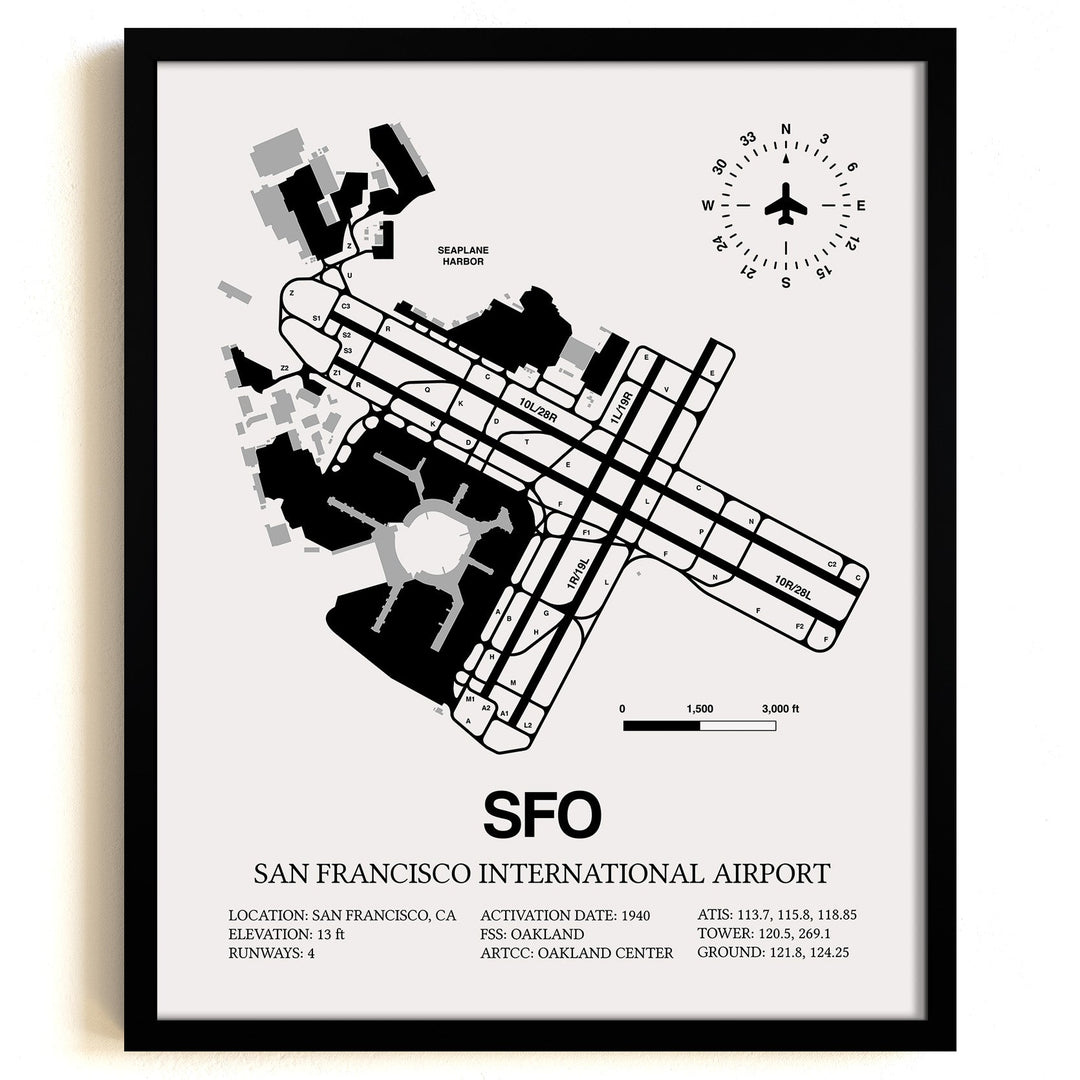 Framed Detailed Airport Map of San Francisco International Airport (SFO) in White with a Black Frame