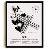Framed Detailed Airport Map of San Francisco International Airport (SFO) in White with a Black Frame