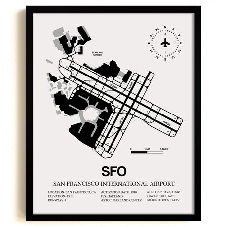 Framed Detailed Airport Map of San Francisco International Airport (SFO) in White with a Black Frame