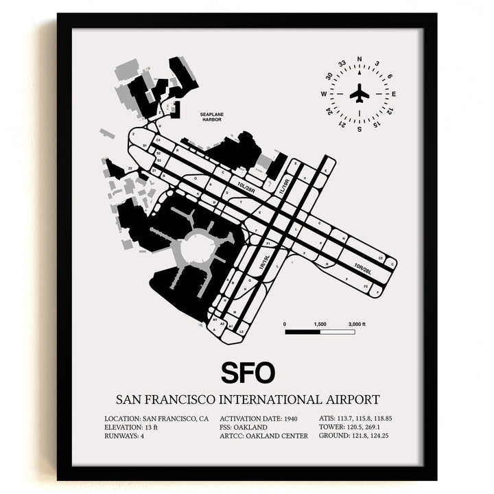 Framed Detailed Airport Map of San Francisco International Airport (SFO) in White with a Black Frame