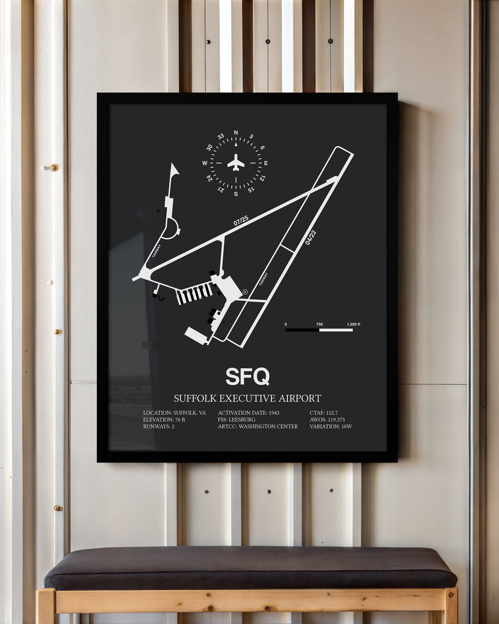 Framed Detailed Airport Map of Suffolk Executive Airport (SFQ) in Gray with a Black Frame