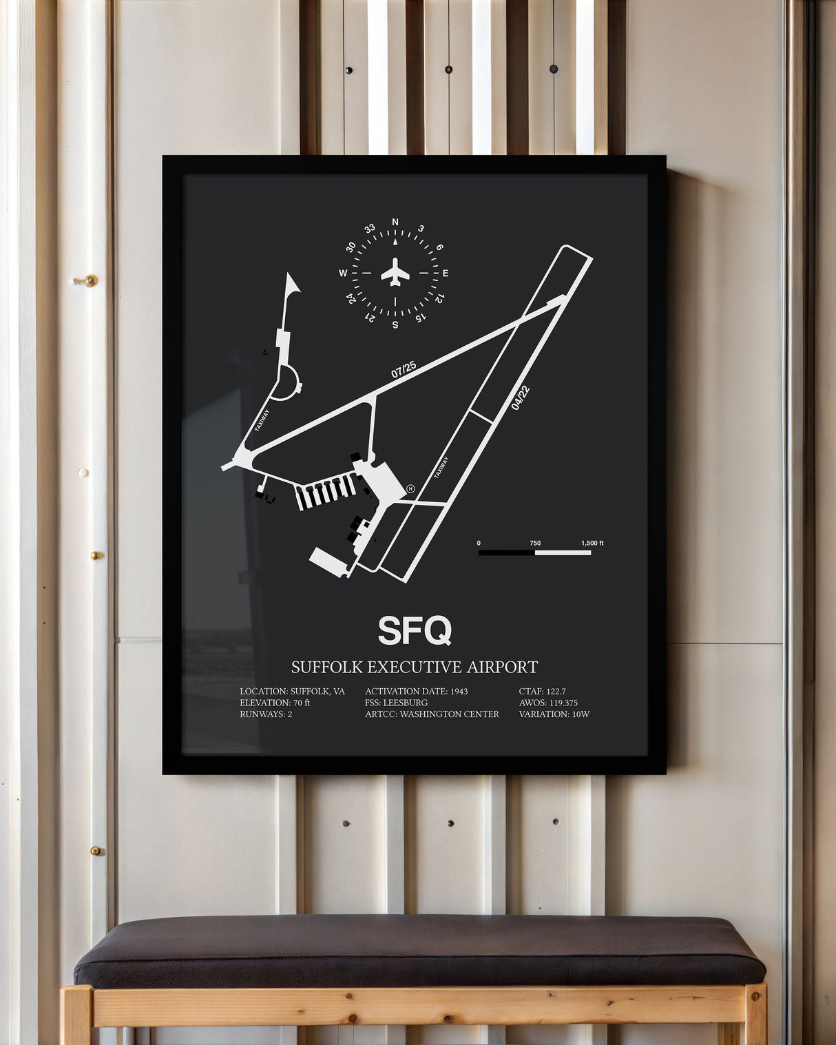 Framed Detailed Airport Map of Suffolk Executive Airport (SFQ) in Gray with a Black Frame
