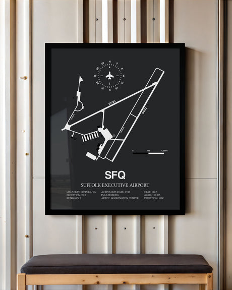 Framed Detailed Airport Map of Suffolk Executive Airport (SFQ) in Gray with a Black Frame