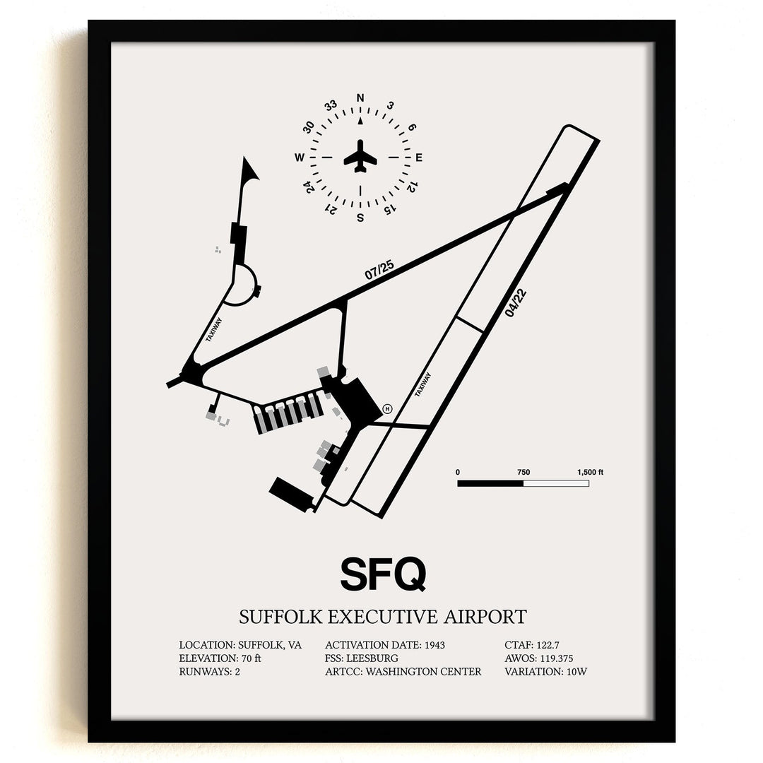 Framed Detailed Airport Map of Suffolk Executive Airport (SFQ) in White with a Black Frame