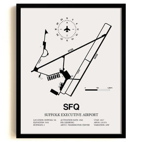 Framed Detailed Airport Map of Suffolk Executive Airport (SFQ) in White with a Black Frame