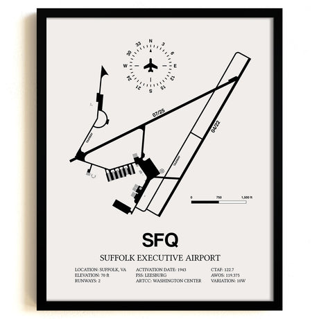 Framed Detailed Airport Map of Suffolk Executive Airport (SFQ) in White with a Black Frame
