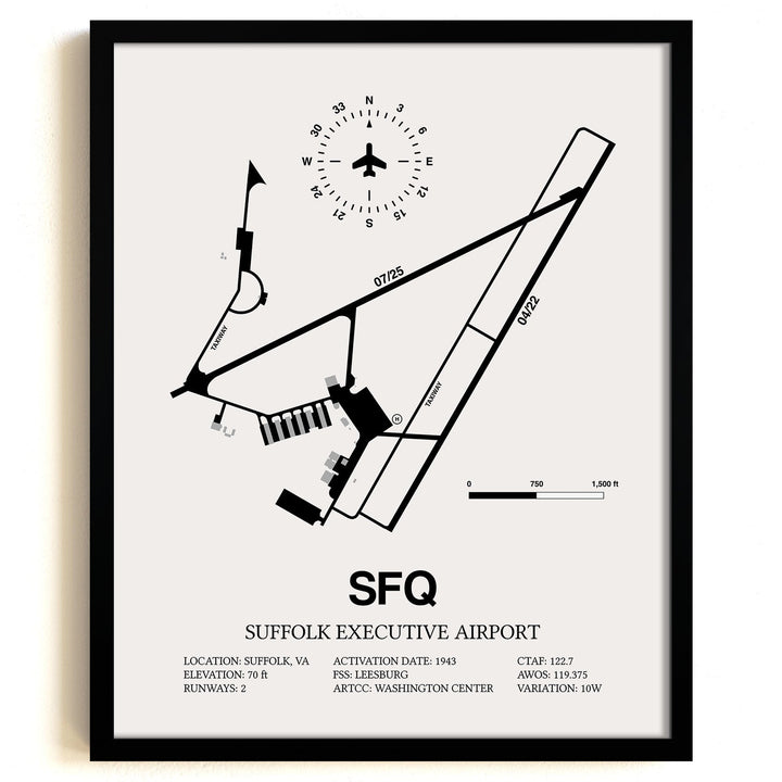 Framed Detailed Airport Map of Suffolk Executive Airport (SFQ) in White with a Black Frame