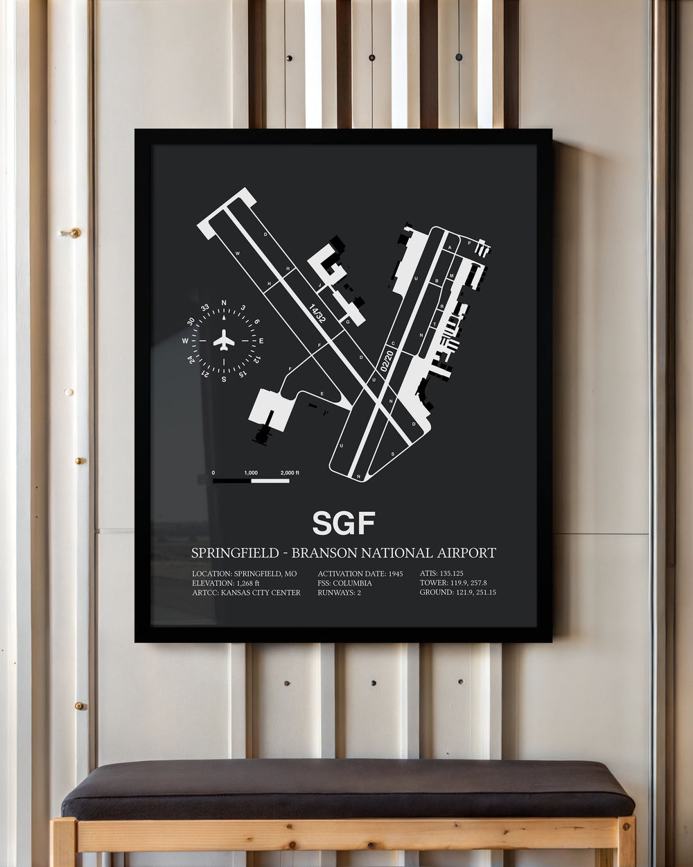 Framed Detailed Airport Map of Springfield - Branson National Airport (SGF) in Gray with a Black Frame