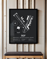 Framed Detailed Airport Map of Springfield - Branson National Airport (SGF) in Gray with a Black Frame