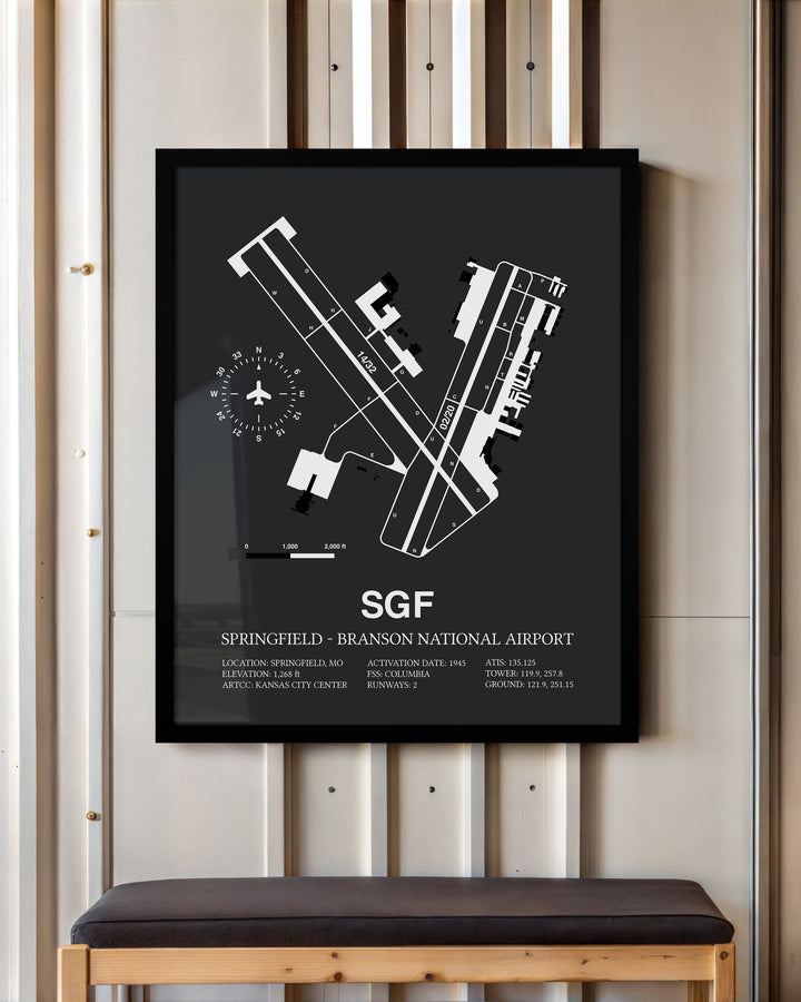 Framed Detailed Airport Map of Springfield - Branson National Airport (SGF) in Gray with a Black Frame