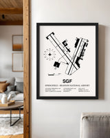 Framed Detailed Airport Map of Springfield - Branson National Airport (SGF) in White with a Black Frame