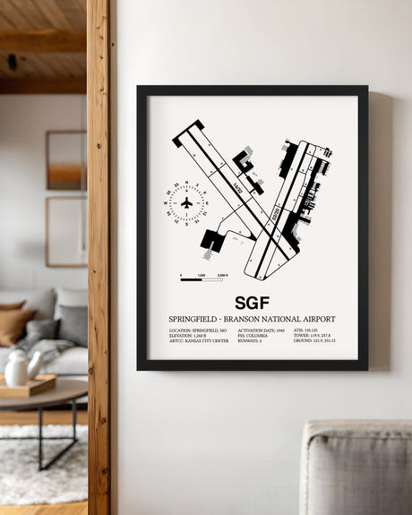 Framed Detailed Airport Map of Springfield - Branson National Airport (SGF) in White with a Black Frame
